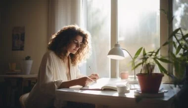 Woman sitting at her dining room table, working through journaling prompts for self improvement in a writing exercise.