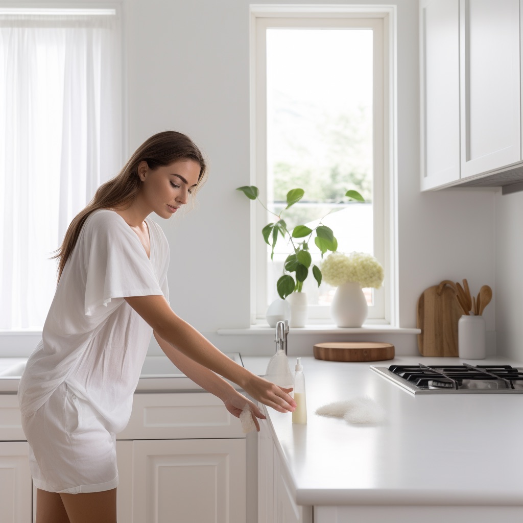Young woman wiping the white countertop in her small minimalist white kitchen, outfitted with kitchen essentials for a first apartment.