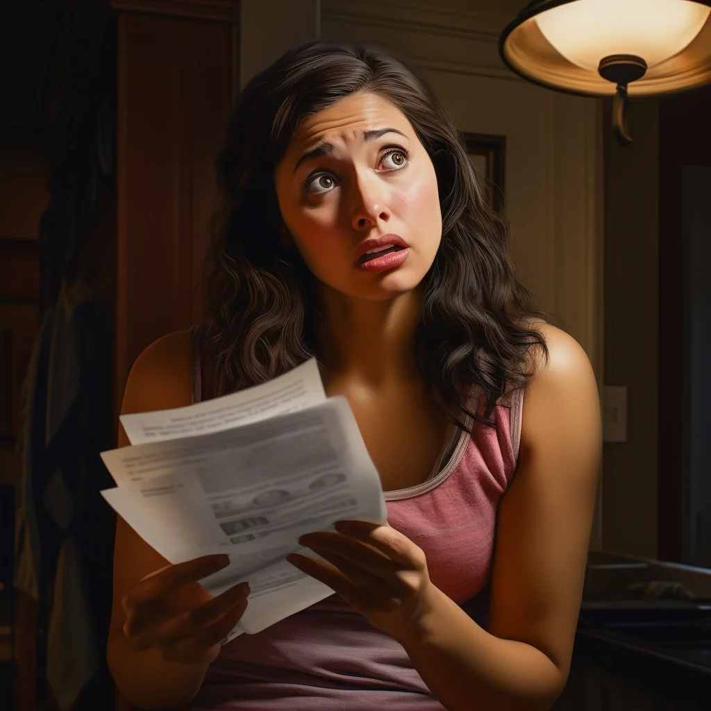 A woman opening up a bad bill in the mail. Her expression looks disgruntled and worried