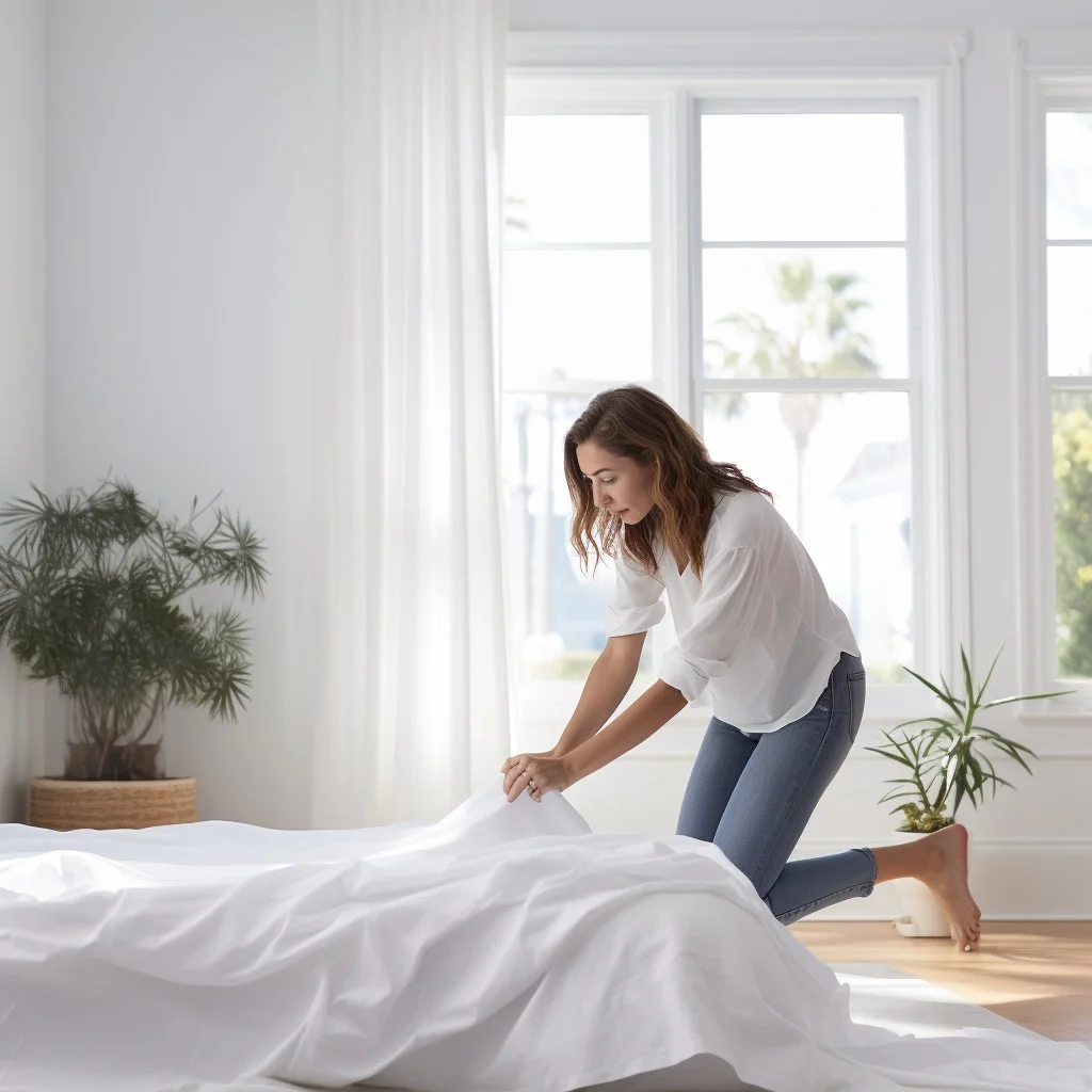 Woman in her early thirties wearing jeans and a white blouse, kneeling over her bed changing its white linens. The bedroom is white, with just two plants, almost zen like.