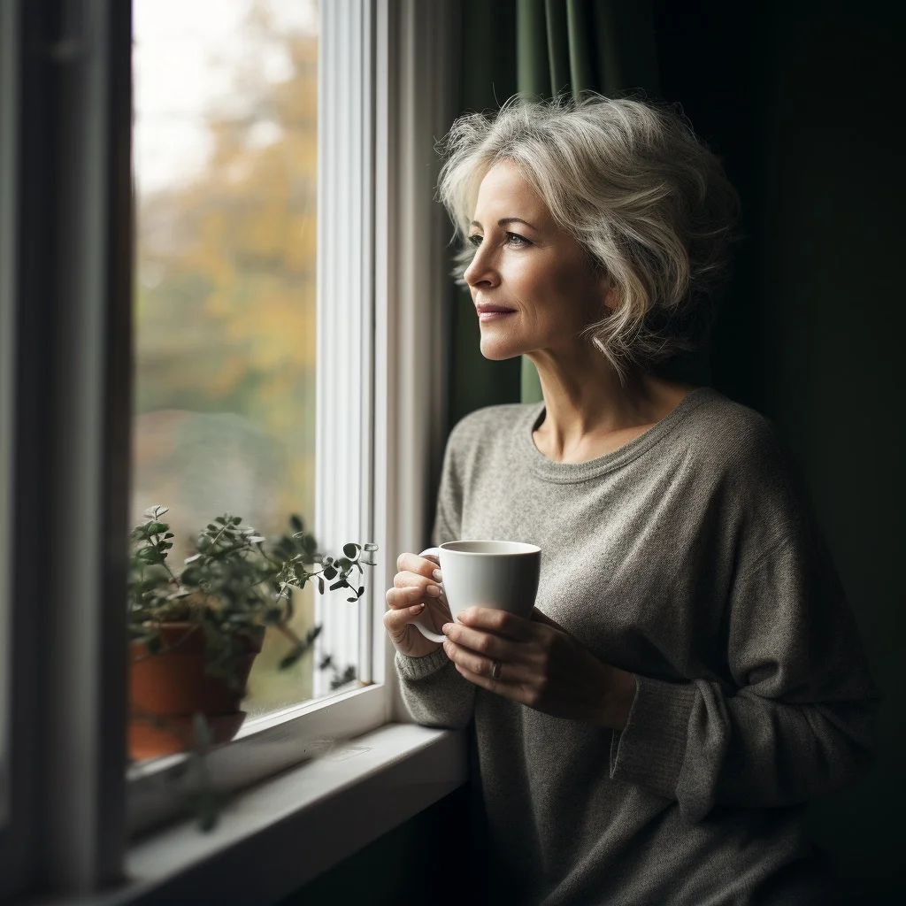 Attractive grey-haired woman holding a cup of coffee and looking out the window with a relaxed facial expression, depicting how to be unproductive.