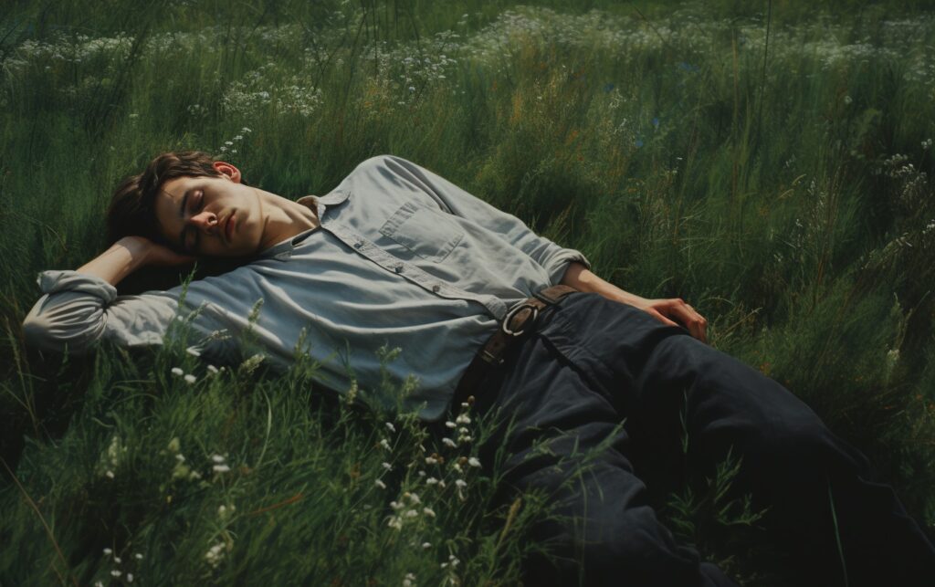 Young man lying in the grass with his eyes closed, one arm behind his head, enjoying some idle time of being unproductive.