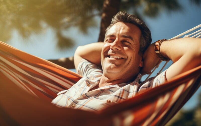 A middle-aged man enjoying some unproductive time, relaxing in the hammock outside.