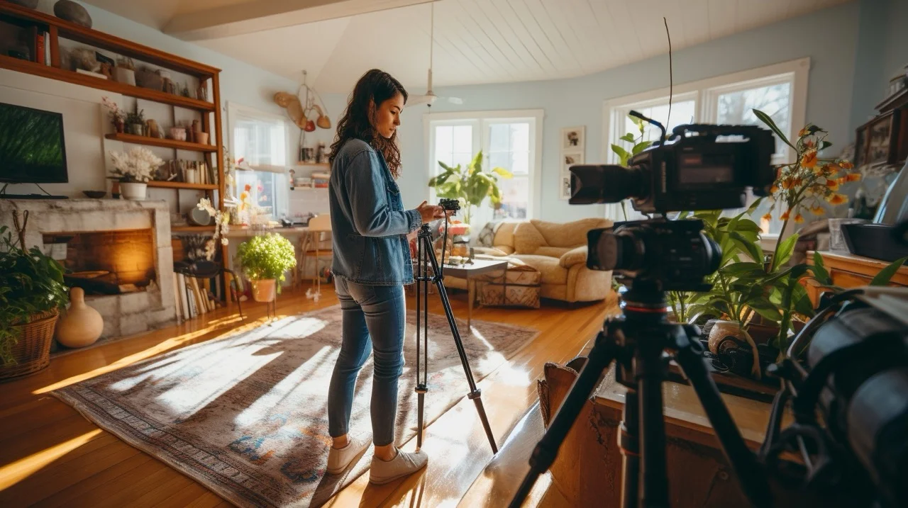 YouTuber setting up her equipment to film video