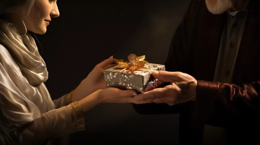 Cropped photo of a woman giving an older person a small meaningful gift wrapped in silver paper with a gold bow.