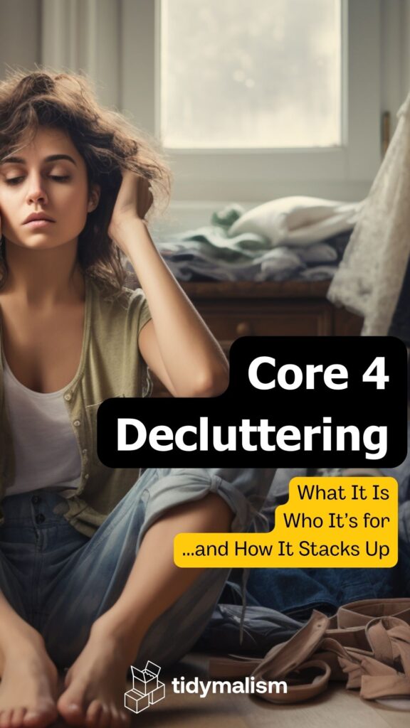 Woman sitting on the floor with head in hands and eyes shut, clearly overwhelmed by the clutter surrounding her. Caption reads Core 4 Declutter Method: What it is, who it's for and how it stacks up.