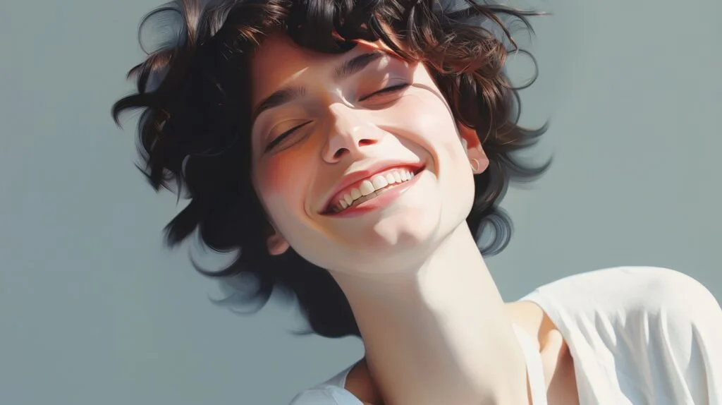 illustration of a young woman smiling brightly, with eyes closed