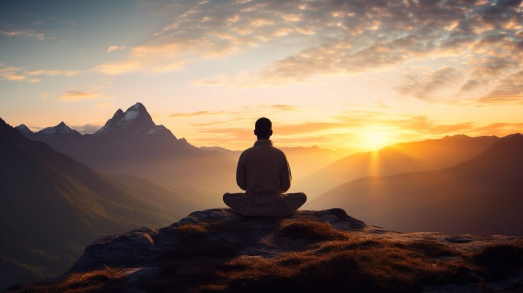 person meditating on a mountain summit at sunset - illustrates notion of inner peace, self-care