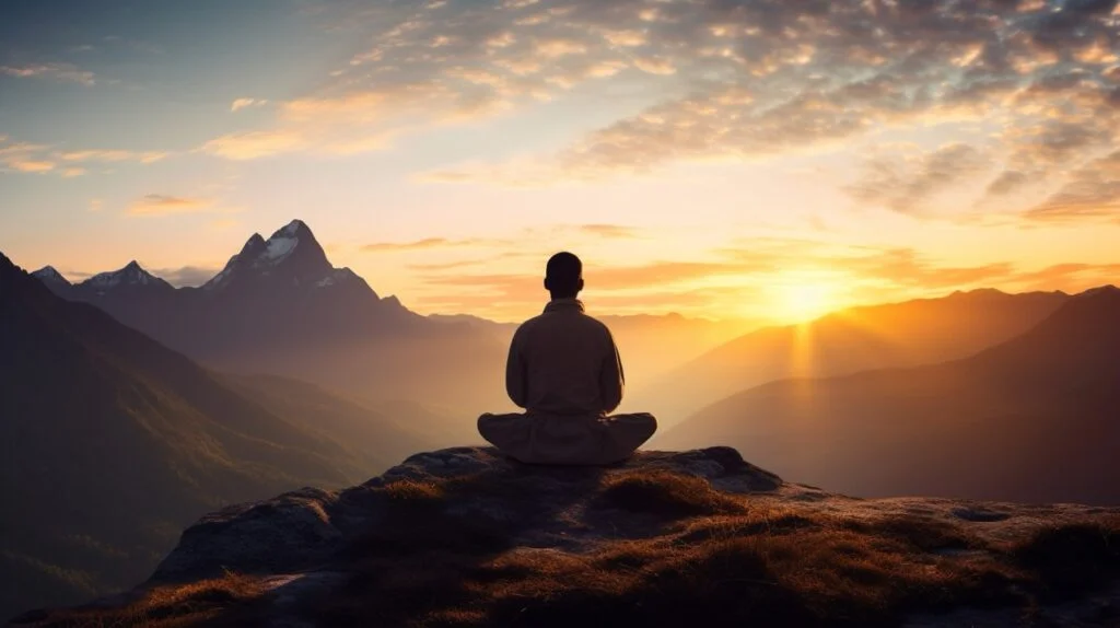 person meditating on a mountain summit at sunset - illustrates notion of inner peace, self-care