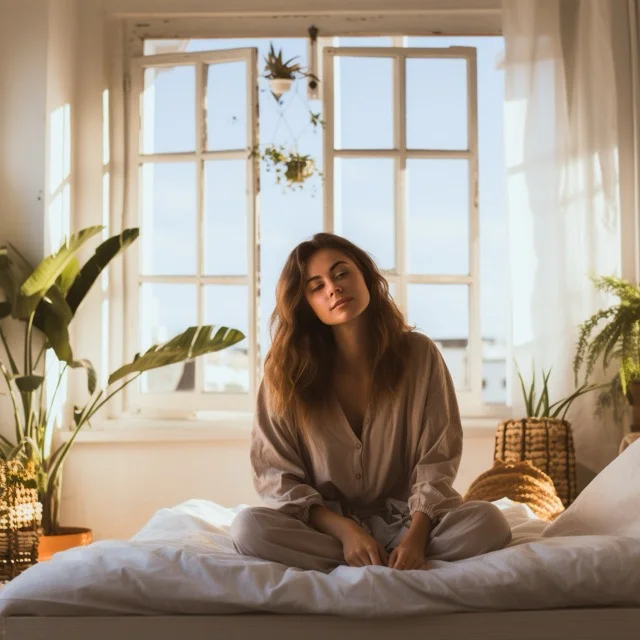 Young woman sitting on her bed with crossed legs, eyes closed. The window is open and the room is uncluttered and tidy, one of the home organising resolutions she made for the new year.