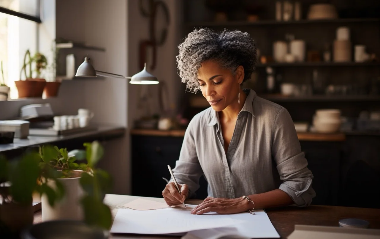 Middle-aged woman with curly black hair sitting at her kitchen table making a list of her home organising resolutions for the new year.