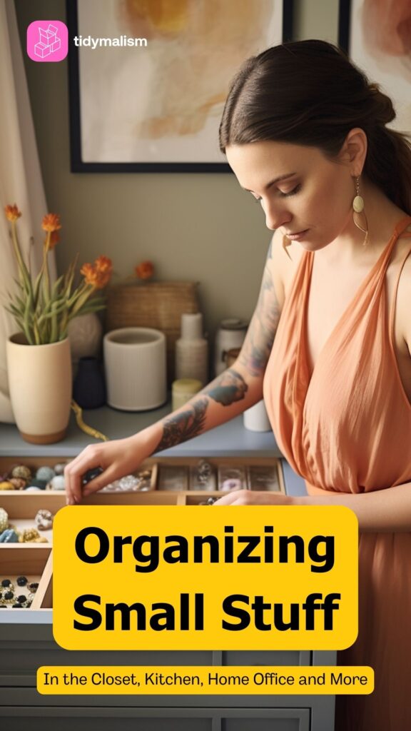 Young woman organizing jewelry in a closet drawer illustrating an article with storage ideas for small items.