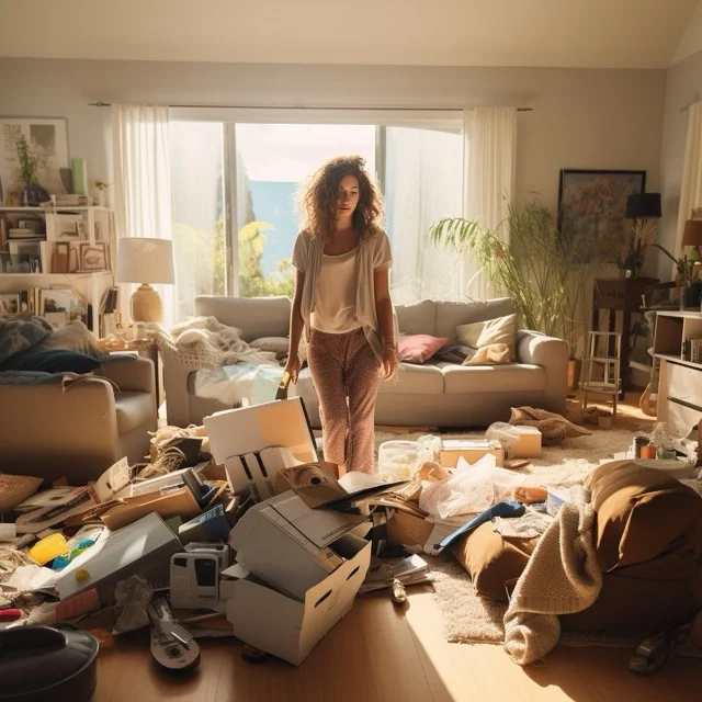 Woman standing in the midst of an extremely cluttered living room with mountains of stuff piled on the floors. She appears to be about to start decluttering.
