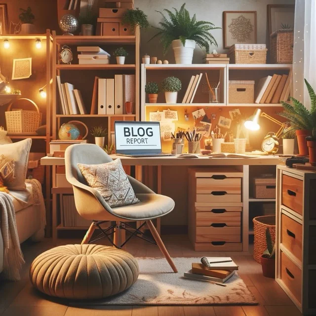 Cosy home office with an empty chair in front of a desk, where a laptop has been left open so we can read "Blog Report" on the screen.
