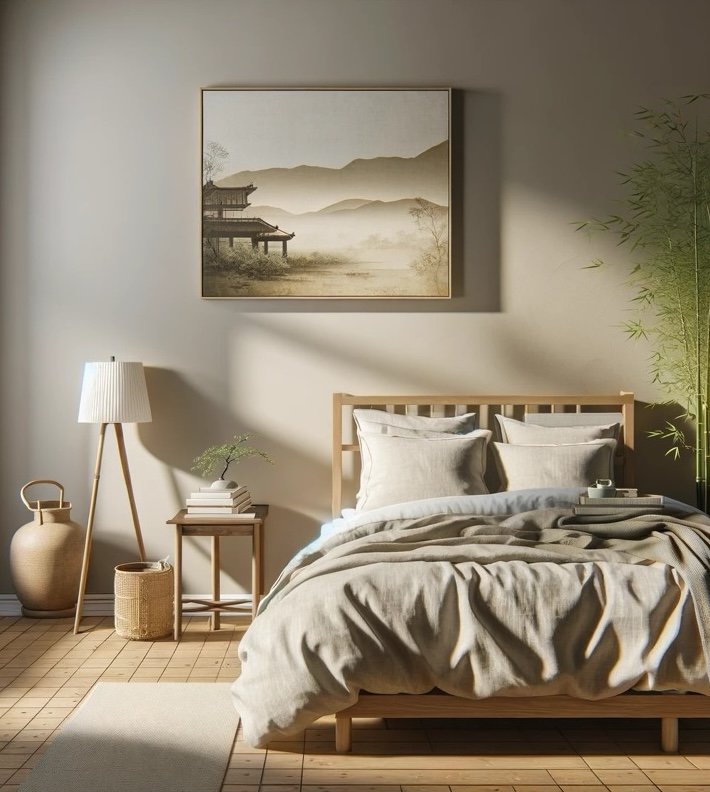 Computer generated image of a minimalist, zen-style bedroom interior in neutral colors.