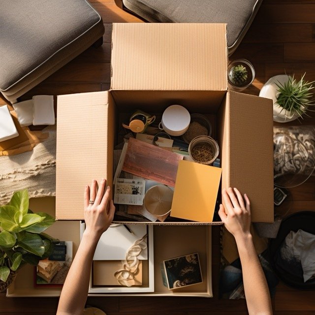 A high angle close-up shot of a person's hands pushing a small, overflowing box of various clutter items (like papers, knick-knacks, and unused gadgets) across the floor of an immaculately clean and minimalist living room, showcasing the stark contrast between the cluttered contents and the orderly environment, natural light from a nearby window creating a serene atmosphere