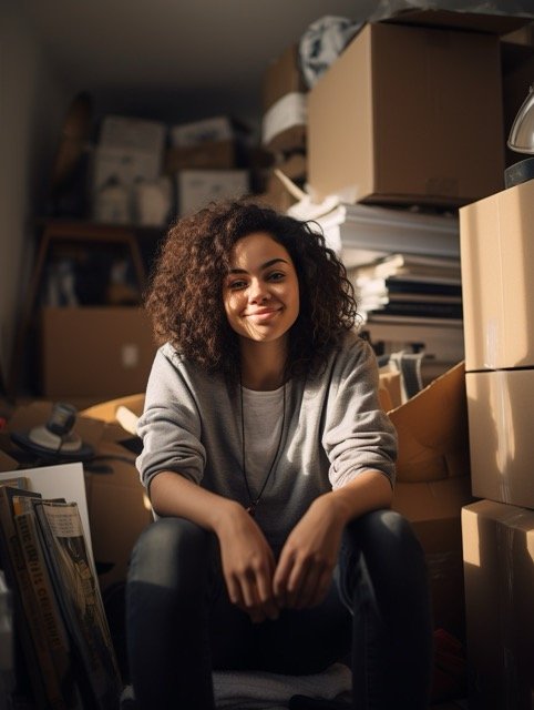 portrait of a young black lady surrounded by boxes, smiling with satisfaction into the camera after decluttering instead of just clutter shifting