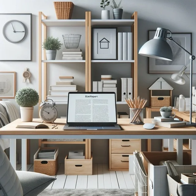 Japandi style home office with a laptop opened on the desk, and a blog report file visible on its screen.