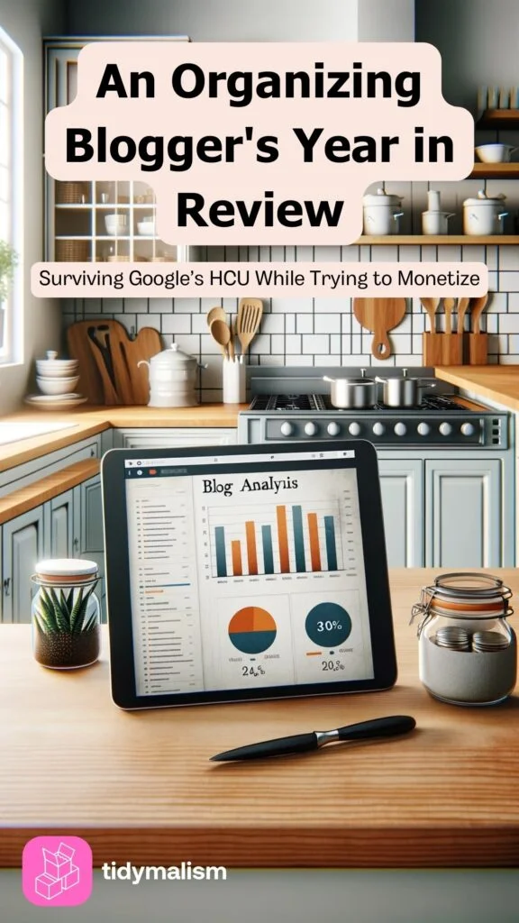 iPad on a tidy kitchen countertop in an organised kitchen. A blog analysis graph is open on the iPad and we can see some diagrams and pie charts in it.