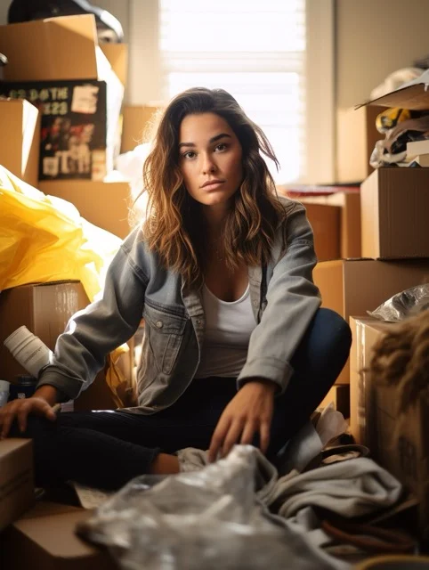 close-up portrait of a young woman sitting on the floor in a naturally lit room, sifting through boxes of things she has sorted out