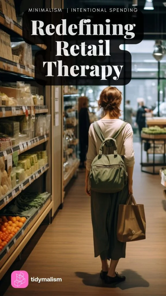 reportage style wide-angle photograph of a person shopping with mindfulness, perhaps holding a reusable bag and carefully selecting eco-friendly products. Conveys the idea of being a conscious consumer.