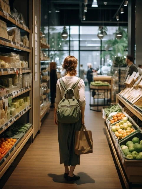 reportage style wide-angle photograph of a person shopping with mindfulness, perhaps holding a reusable bag and carefully selecting eco-friendly products. Conveys the idea of being a conscious consumer.