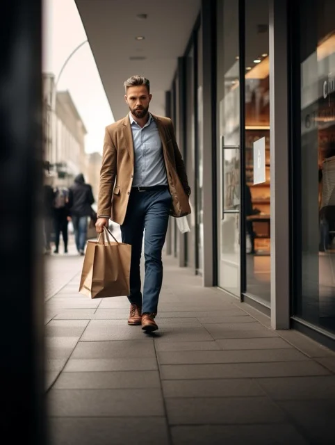 photoreportage wide angle portrait of a man leaving a store, rushing down the sidewalk carrying a big brown paper shopping bag, illustrating a lack of mindful consumerism and minimalism mindset.