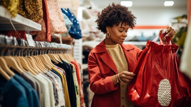 Reportage style photograph of a black woman shopping in a secondhand clothing store, examining the price on a big red patent leather handbag, representing eco-friendly consumerism.