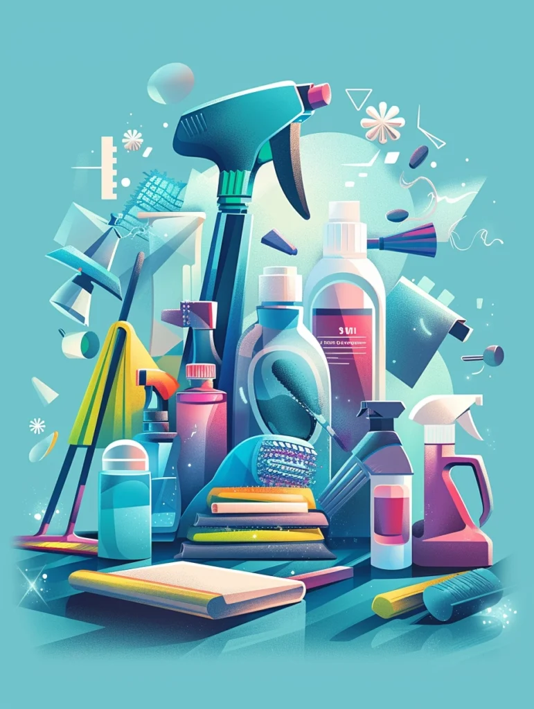 1950s style illustration of various cleaning utensils against a light blue background