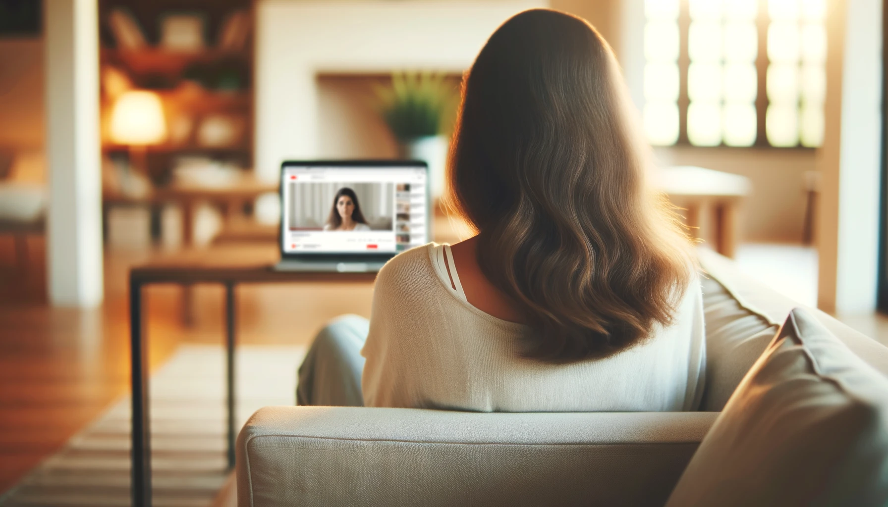 back of woman with shoulder-length brown hair sitting on couch watching the best declutter youtube channels on a laptop