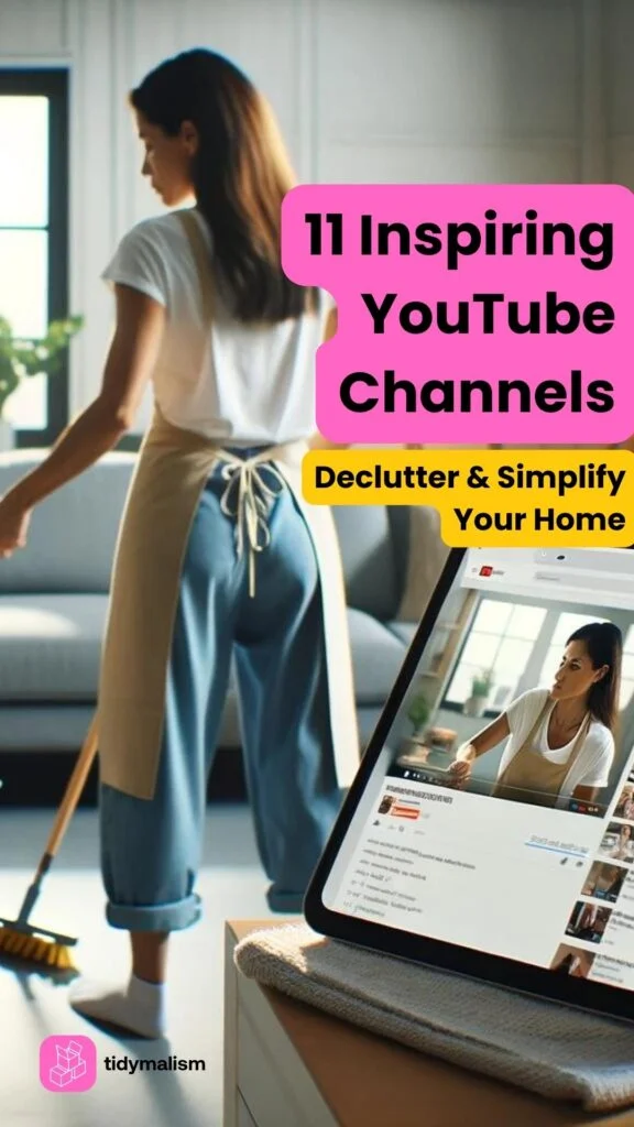 woman cleaning her living room with a youtube decluttering video running on her tablet in the foreground