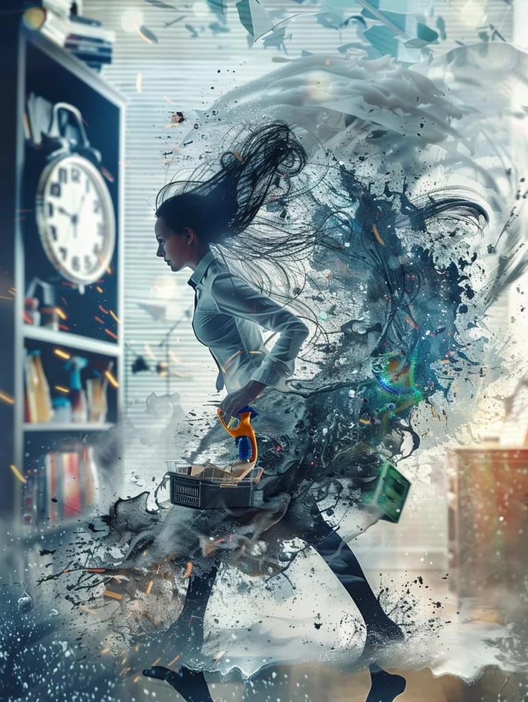 drawing of a woman speed cleaning against a big clock in the background, for an article titled how do housekeepers clean so fast