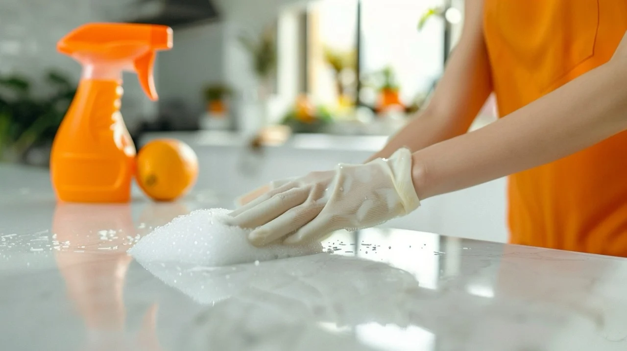 cropped photo of a gloved hand cleaning granite countertops with a big bubble of soap suds