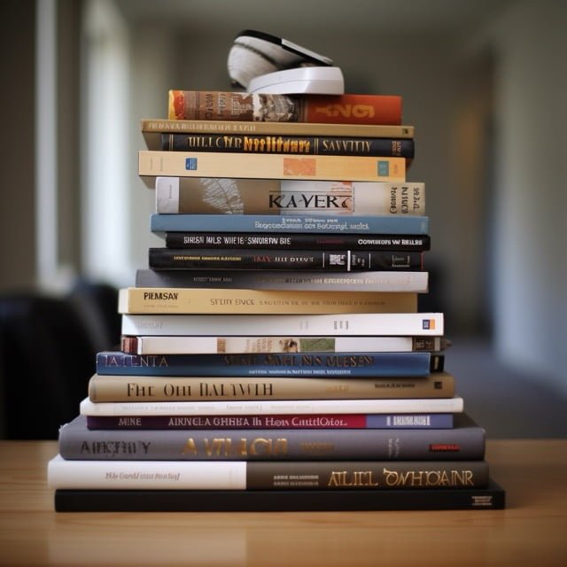 A stack of hardback and paperback books in a minimalist reading nook