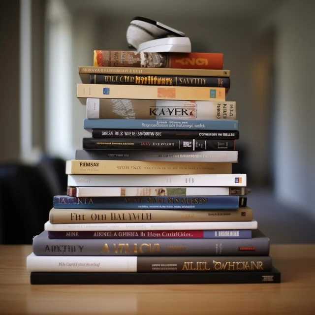 A stack of hardback and paperback books in a minimalist reading nook