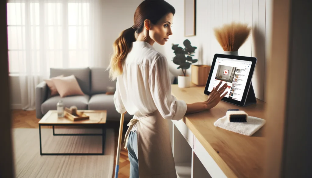 woman wearing an apron, pausing in her cleaning routine to turn on some of the best decluttering YouTube channels to watch while she's organising