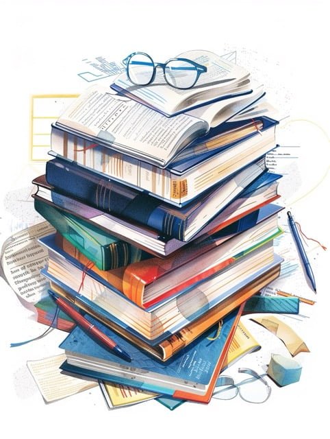 illustration of a stack of books with a pair of reading glasses on top. a pen lies to the right of the stack.