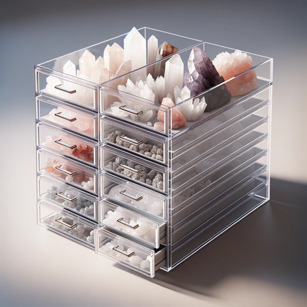clear acrylic storage unit used for organising crystals