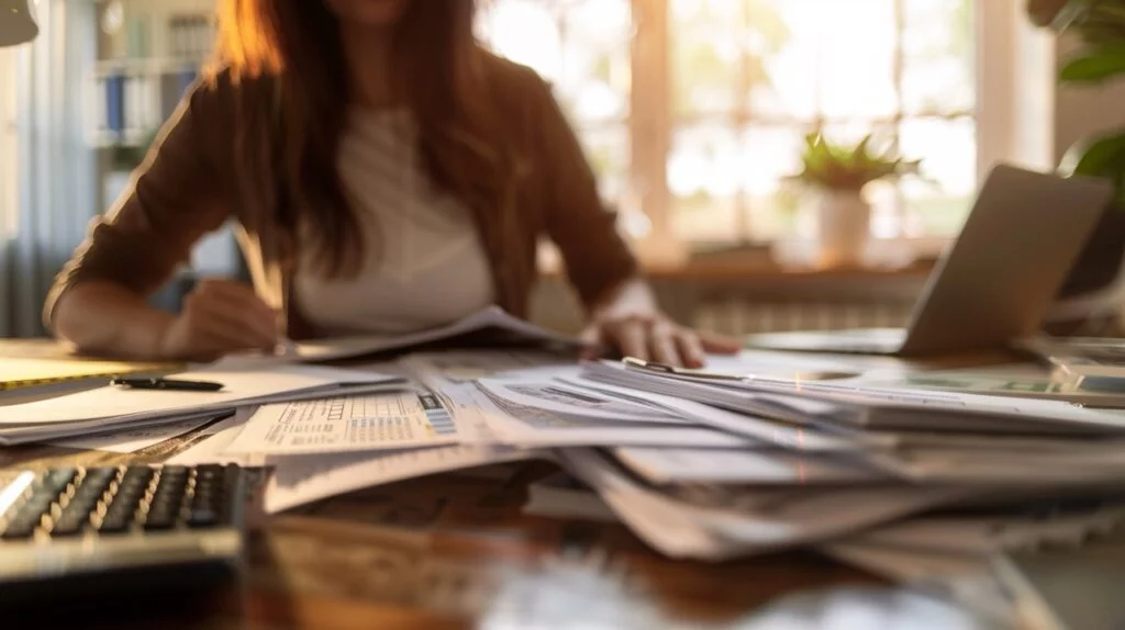 photo of woman working on her annual tax return, with a slew of documents on her desk