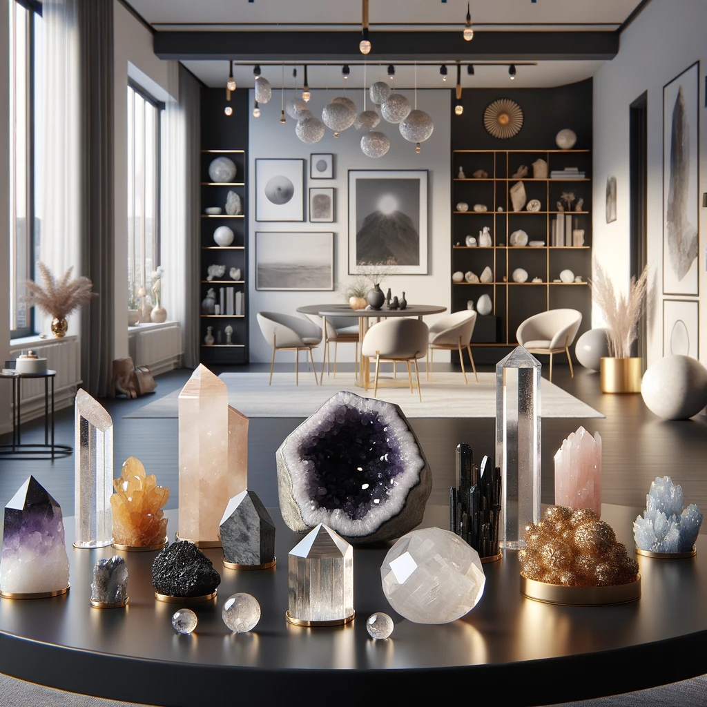 modern minimalist living room with table at the forefront, upon which a beautiful, colourful arrangement of crystal gemstones is displayed