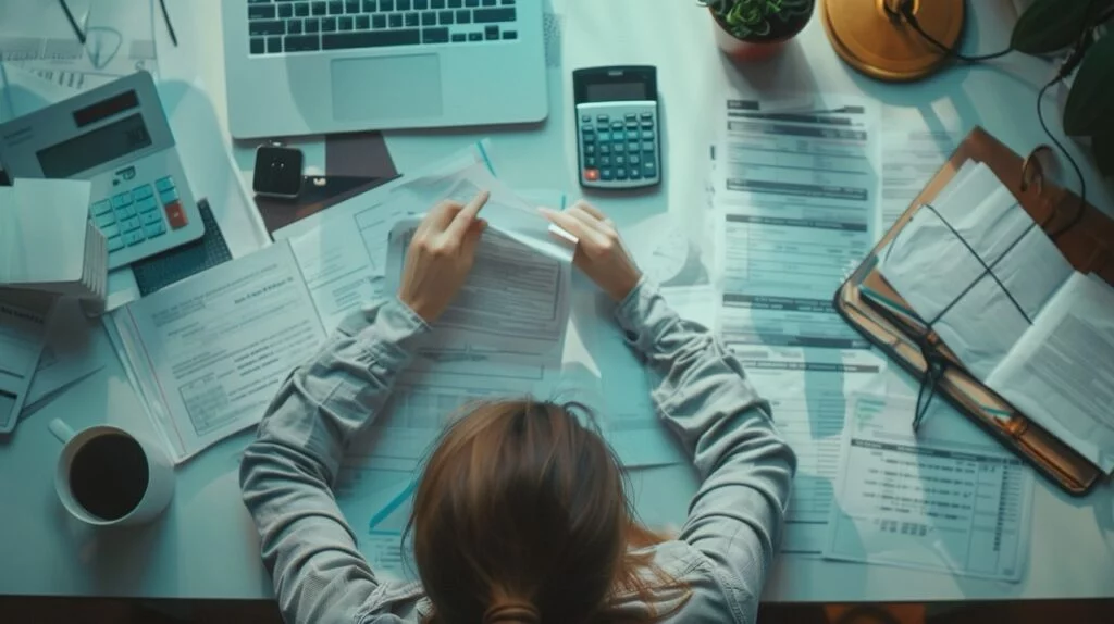 photo of woman hunched over her annual tax return files, with a slew of documents on her desk for tax season