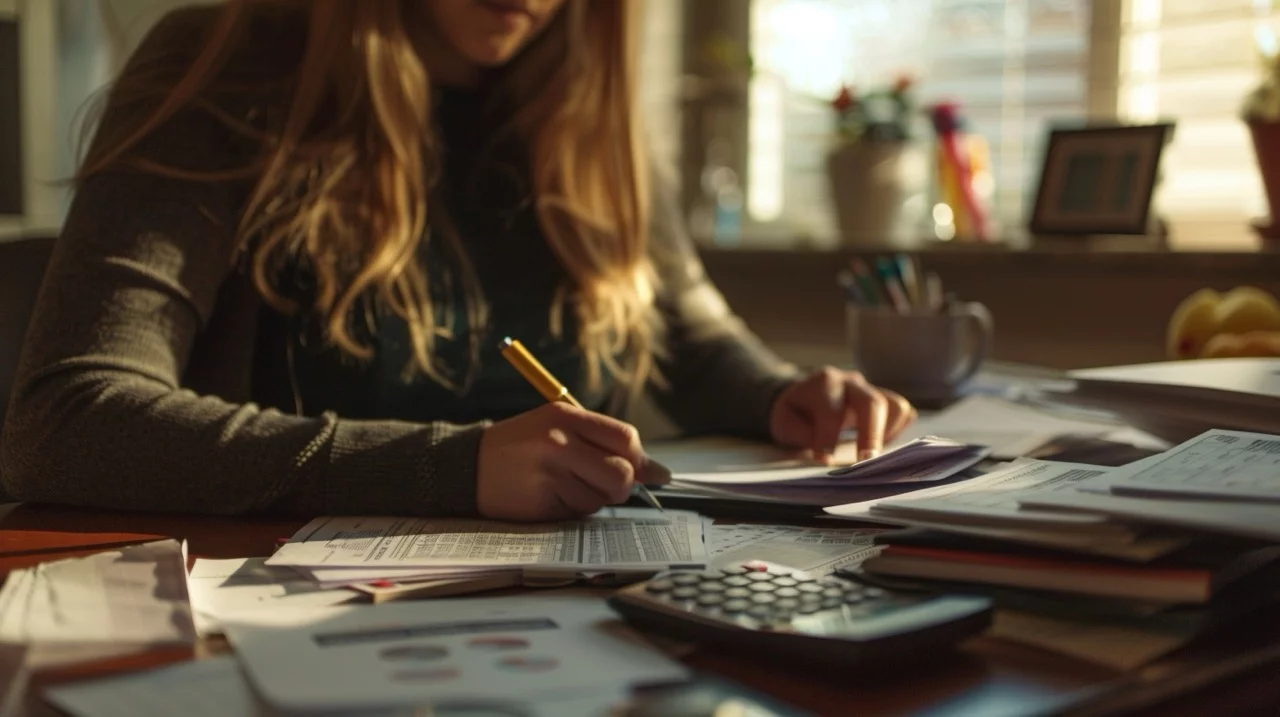 photo of woman working on her annual tax return, with a slew of files and receipts on her desk