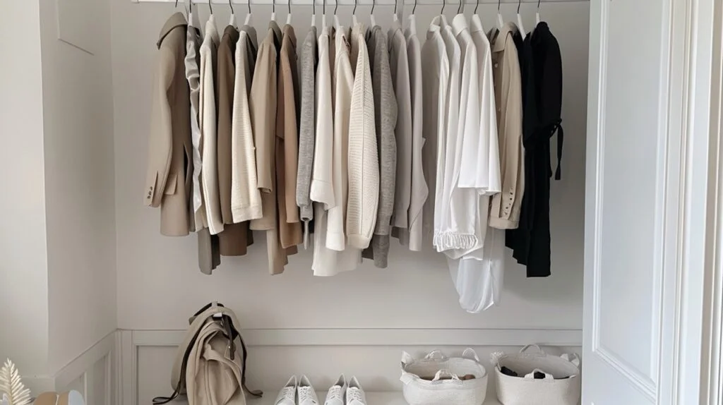 minimalist capsule wardobe hanging from a white clothing rack in a tidy walk-in closet with white walls