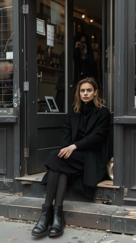 a slim, minimalist styled woman dressed all in black sitting outside of a store in SoHo in NYC