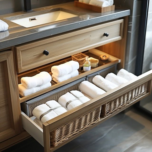 Sliding basket drawers for accessible storage of bathroom towels and small toiletries