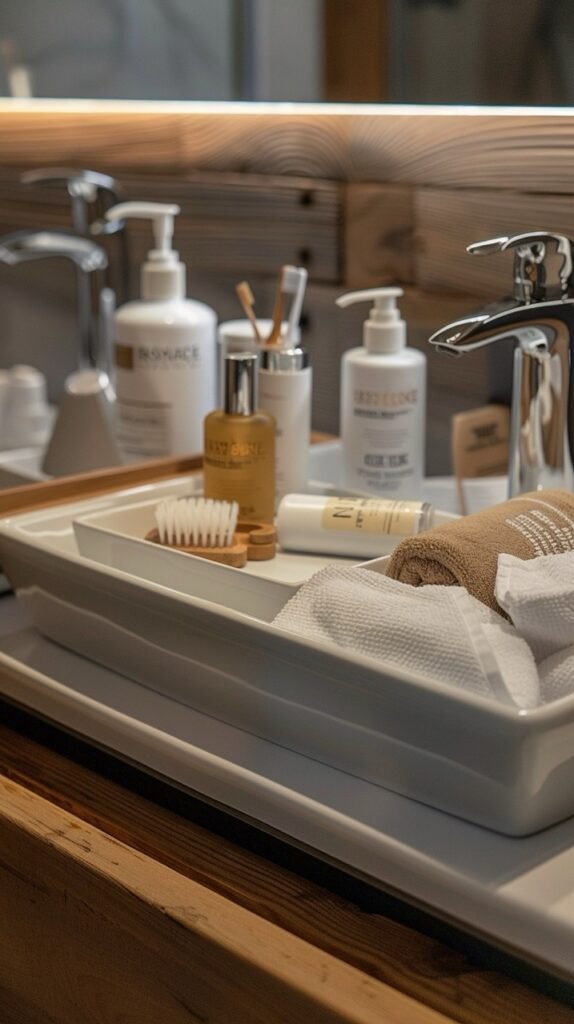 cropped photo of toiletries being unpacked at the sink of an empty bathroom