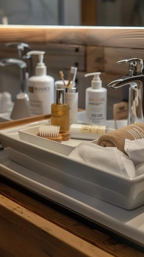 cropped photo of toiletries being unpacked at the sink of an empty bathroom