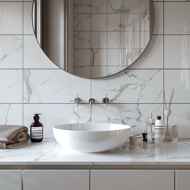 white marble bathroom, vanity, mirror, Danish design