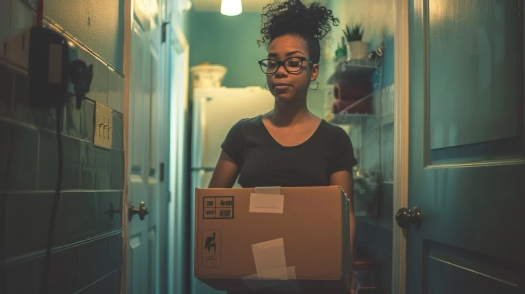 a young woman carrying a box into the bathroom of her brand new apartment she just moved into