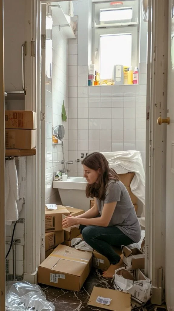 photo of a twenty-something woman unpacking boxes in the bathroom of her new apartment